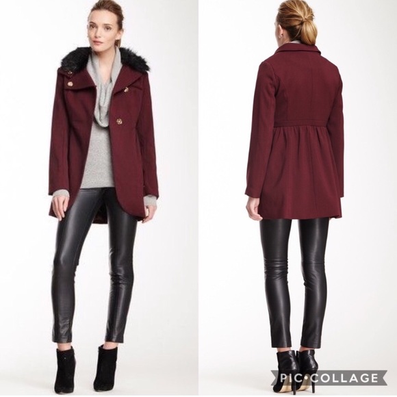 Bebe Faux Fur Collar Burgendy Coat - Picture 2 of 16